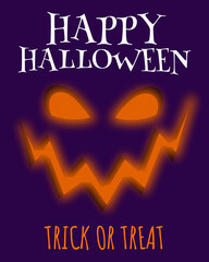 Bold Halloween poster with glowing jack-o’-lantern face, sharp zigzag smile, and “Happy Halloween Trick or Treat” text on dark purple background, creating a spooky and festive vibe.
