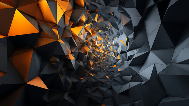 Abstract geometric crystal sphere with orange and black facets, representing energy and mystery, with a dark, complex background