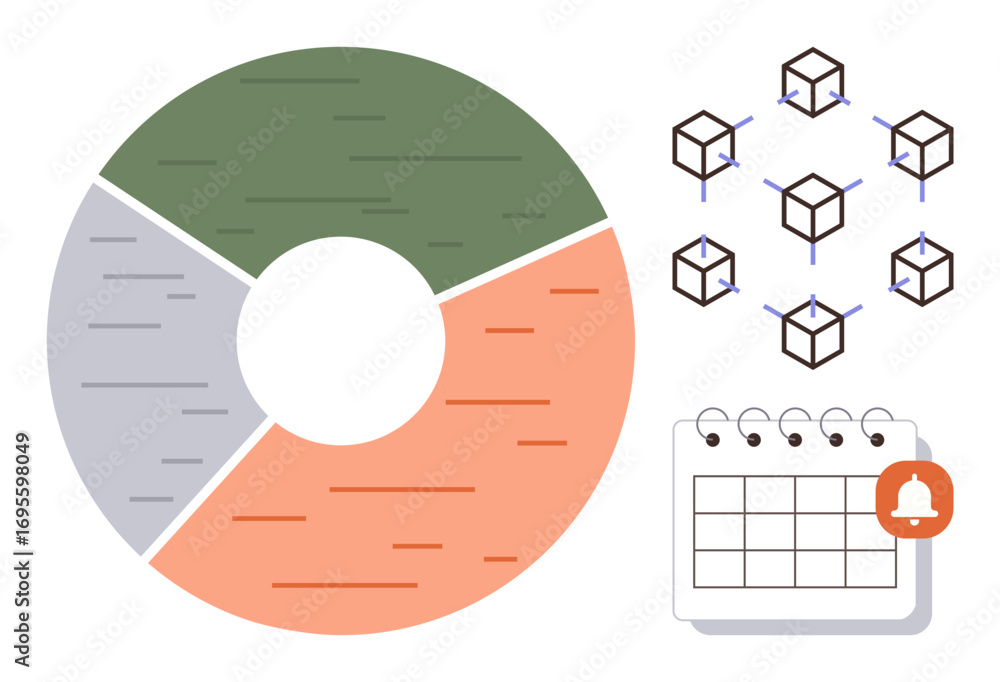 Aufkleber circular chart segments progress. blockchain network nodes interconnected. calendar with reminder be
