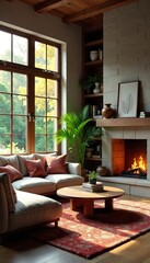Cozy living room interior with comfortable sofa, fireplace, and large windows offering natural light Perfect for relaxation and family gatherings , habitation, house, contemporary