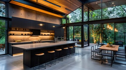 Modern open plan kitchen integrating nature with large windows illuminating dining area