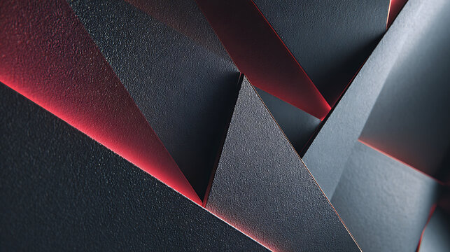 Sharp, angular geometric forms with a dark textured surface and striking red light accents, creating a dramatic and futuristic look
