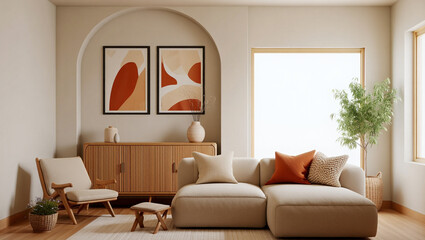 Modern living room with stylish furniture and warm accents.