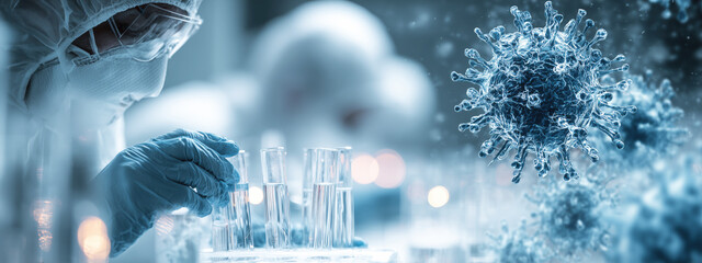 Banner of Scientist Conducting Research in Laboratory with Test Tubes and Virus Illustration Background