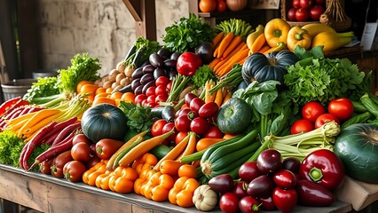 Colorful assortment of fresh vegetables neatly arranged on a rustic wooden market stall.