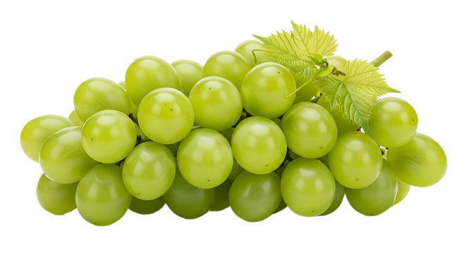 A vibrant bunch of fresh green grapes with small leaves, perfect for healthy eating, fruit salads, or wine making concepts.