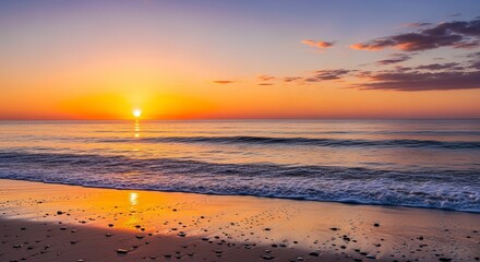 Obraz premium Serene Sunset Over Calm Ocean Waves and Sandy Beachfront Scene