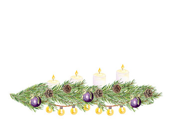Pine branches garland with candles, cones, ornaments, glowing lights. Watercolor isolated on white ideal for Christmas cards, posters, Advent, digital designs, scrapbooking, festive decorations