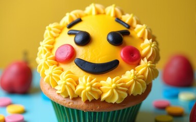 smiley face emoji cake with colorful frosting on world smile day sweet dessert celebration concept of happy baking joy and positivity. High quality