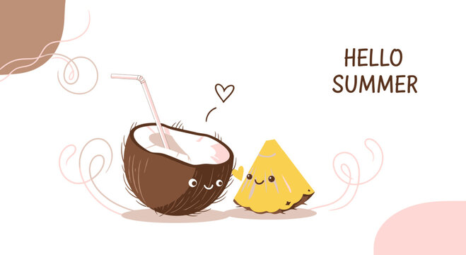 Whimsical Hello Summer Illustration with Cartoon Coconut and Pineapple Friends - Powered by Adobe