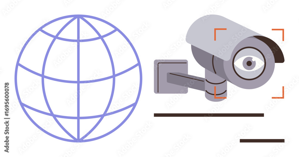Poster security camera with focus detection next to a globe grid, symbolizing global surveillance, monitori