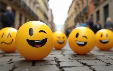 World smile day emojis, yellow emoji balls on street, World Laughter Day, ai technology. High quality