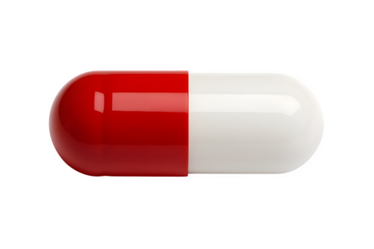 Macro Close-Up of Red and White Capsule Isolated on Transparent Background
