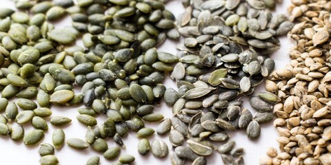 Naklejka premium Various seeds including pumpkin and sunflower seeds arranged on a white background