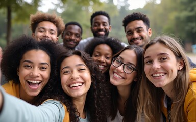 Diverse group of happy young best friends having fun taking selfie photo together - International youth community people concept with multiethnic teenage people smiling at camera on self portrait