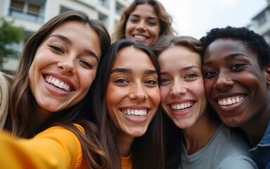 Diverse group of happy young best friends having fun taking selfie photo together - International youth community people concept with multiethnic teenage people smiling at camera on self portrait