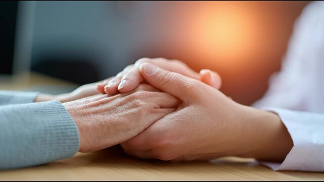 Young caregiver holding elderly hand with warm light and comforting touch conveying compassion and support medical setting gently holding elderly patient hand comforting support and compassionate