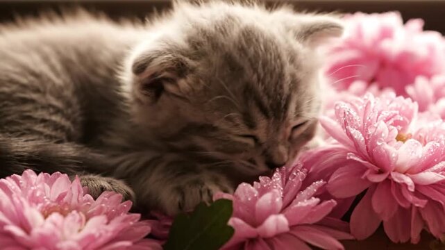 Adorable fluffy gray kitten sleeping peacefully amongst delicate pink flowers, a serene and heartwarming scene