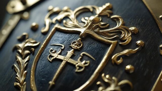 Ornate golden crest featuring sword and shield with intricate designs on dark wood