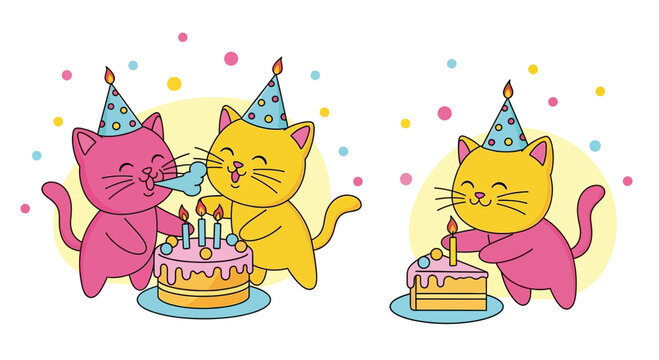 Cute cartoon cats celebrating birthday with cake and party hats in a cheerful scene - Powered by Adobe