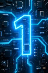 Neon Number 1 on High-Tech Circuit Board Display