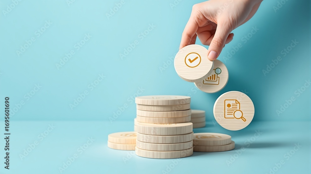Poster business process automation concept hand stacking wooden coins with checkmark and data analysis icon
