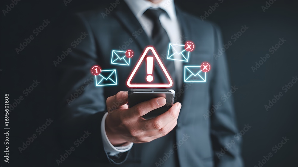 Poster businessman holding smartphone with warning alert and email notification icons representing spam phi