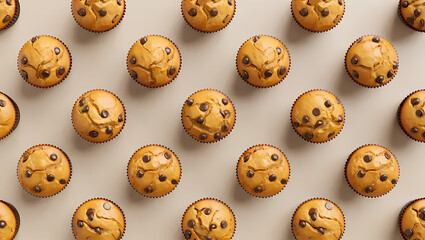 Obraz premium Neat pattern of freshly baked chocolate chip muffins arranged on a neutral background, perfect for showcasing bakery goods and sweet treats
