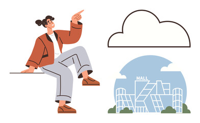 Woman sitting and gesturing upwards, abstract cloud design, modern mall facade. Ideal for creativity, urban design, shopping, aspirations, leisure architecture future thinking. Simple flat metaphor