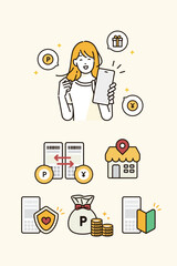 イラスト素材：スマホでポイントを貯めて喜ぶ女性 © Asagi