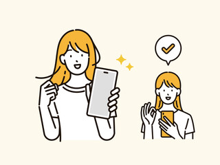イラスト素材：スマホ画面を提示する女性と内容を確認する女性のイラストセット