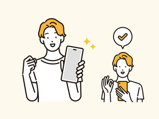 イラスト素材：スマホ画面を提示する男性と内容を確認する男性のイラストセット