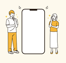 イラスト素材：スマホの画面に感動する若い男女