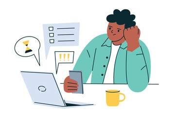 Flat cartoon vector illustration of office worker procrastinating at desk with laptop, using phone instead of work. Concept of procrastination, distraction, deadline stress, workplace productivity