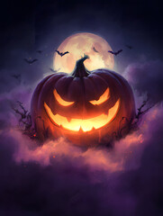 An atmospheric Halloween illustration featuring a spooky, glowing pumpkin against a misty full moon and dark, bare trees. This vibrant, spooky artwork is great for posters and seasonal designs.