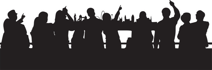 Black silhouette of a crowd pointing upwards against a cityscape people