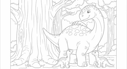 Charming Dinosaur Family Outing in Forest Coloring Page for Creative Kids Art