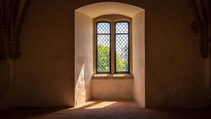 Fototapeta premium Sunlight streams through an old arched window in a castle, illuminating the stone walls and creating a warm, inviting atmosphere inside the room