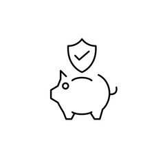 Verified financial security, trusted money protection, secure savings. Piggy bank, shield and checkmark. Pixel perfect, editable stroke vector icon