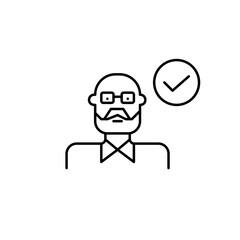 Fototapeta premium Senior membership confirmed. Elderly man and checkmark. Pixel perfect, editable stroke vector icon