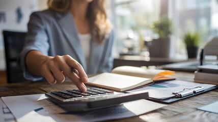 Fototapeta premium Businesswoman In Office Using Calculator For Financial Accounting Budget Planning Tax Calculation And Business Management Concept