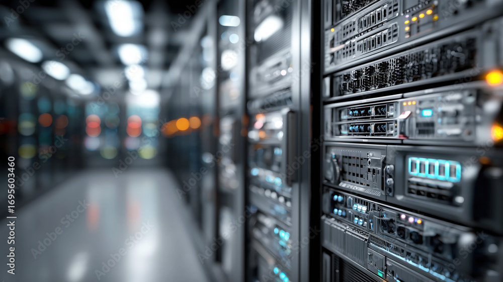 Poster modern data center with servers and network equipment in a high-tech environment