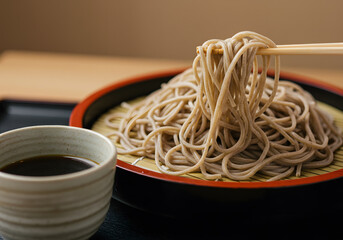 Soba noodles on plate with chopsticks