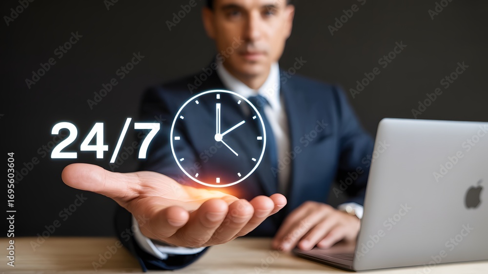 Poster businessman in blue suit using laptop with virtual 24 7 clock icon representing customer support ser
