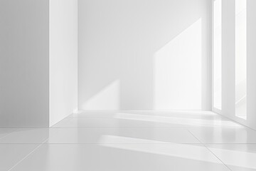 Obraz premium Bright, minimalistic interior space with natural light casting shadows on white walls and floor