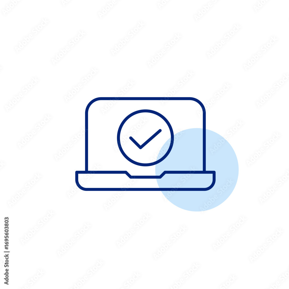 Poster laptop and checkmark. verified device, system updated. user account identification passed. pixel per