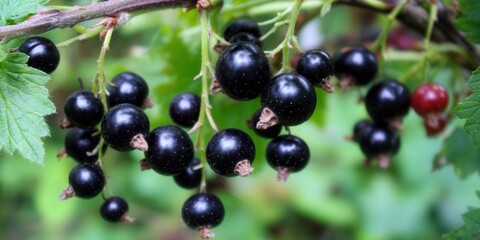 A bunch of ripe, glossy blackcurrants growing on a branch in a garden setting.