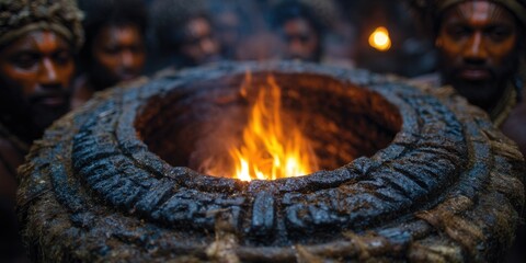 An intimate scene of a tribal ceremony with fire and a group of people.