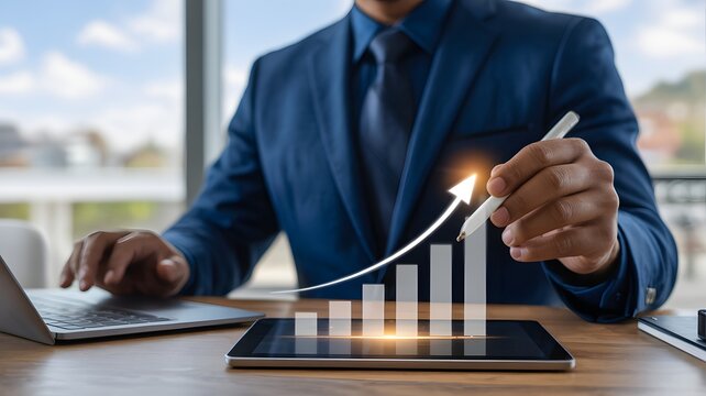 Businessman In Blue Suit Using Laptop And Tablet With Virtual Bar Chart Showing Upward Growth Financial Success And Progress - Powered by Adobe