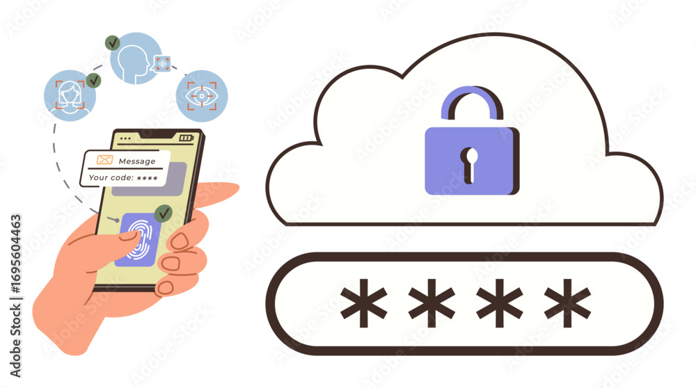 Aufkleber hand holding smartphone entering passcode with cloud lock and password input field. ideal for cybers